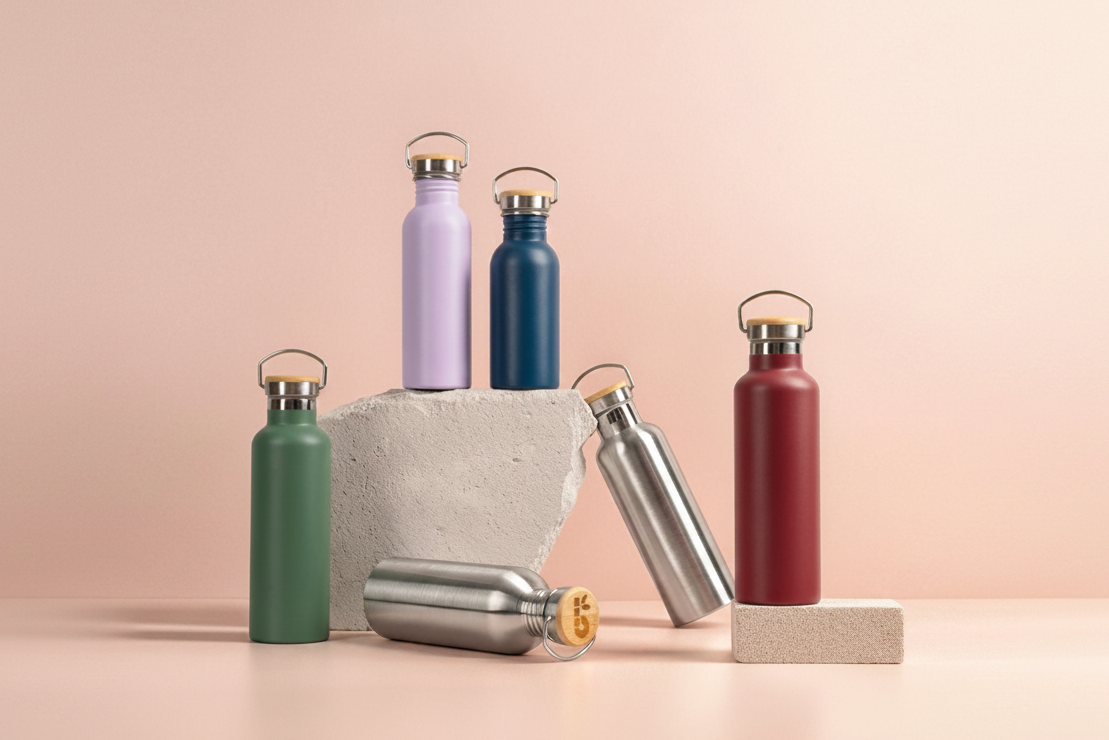 Six reusable metal water bottles in assorted colors are arranged on a peach studio background with a concrete block and small stone prop. The bottles include green, lavender, blue, silver, burgundy, and metallic rose gold, with one lying on its side.