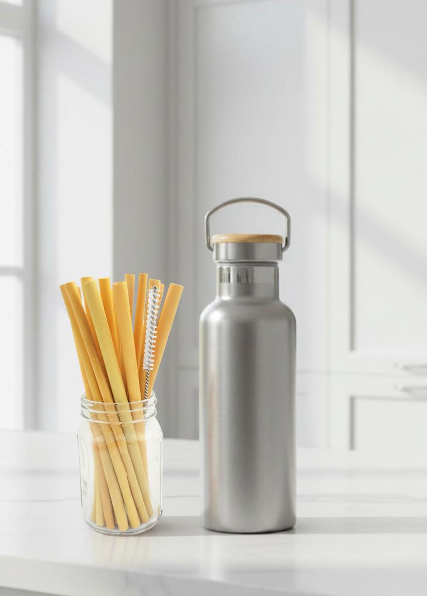 Bambaw natural steel insulated water bottle and glass jar with Bambaw bamboo straws on a white surface