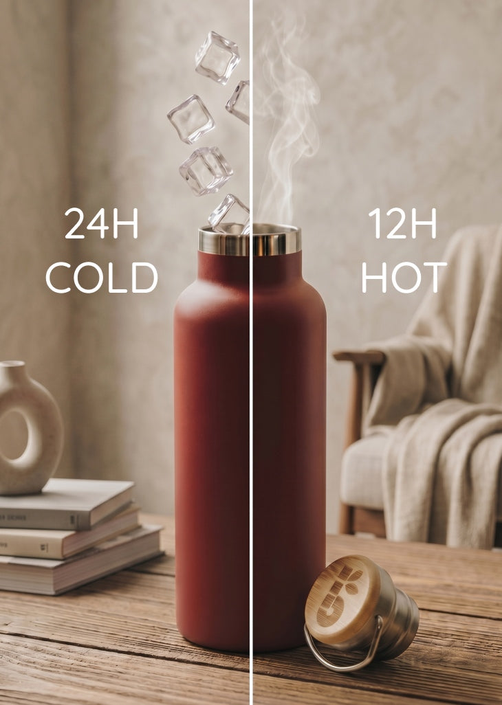 Red insulated bottle with text indicating cold and hot retention times on a wooden surface.