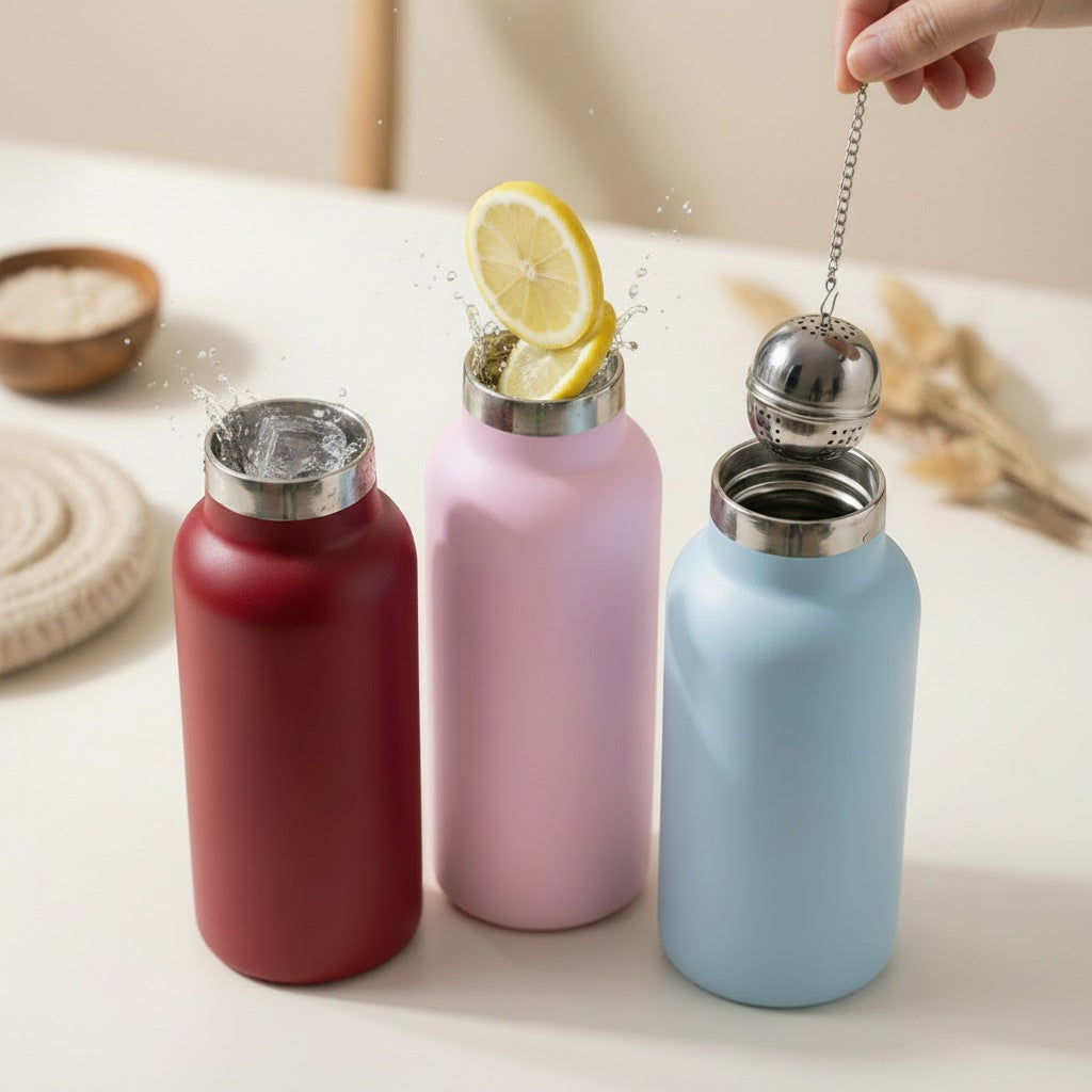 Three pastel insulated bottles on a white surface, lemon in the middle and a tea infuser hovering above the right bottle.