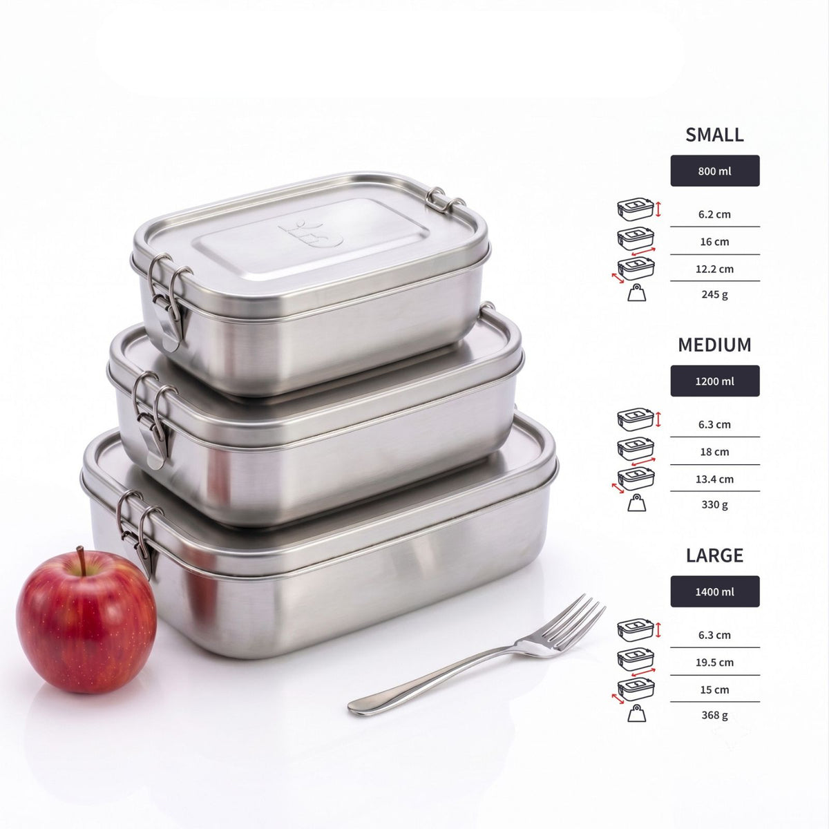 Three nested bambaw stainless steel lunch boxes with lids are shown on a white background, alongside a red apple, a fork, and printed size information for small, medium, and large boxes.