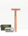 Safety razor with a set of razor blades on a white background, featuring the brand 'Bambaw'.