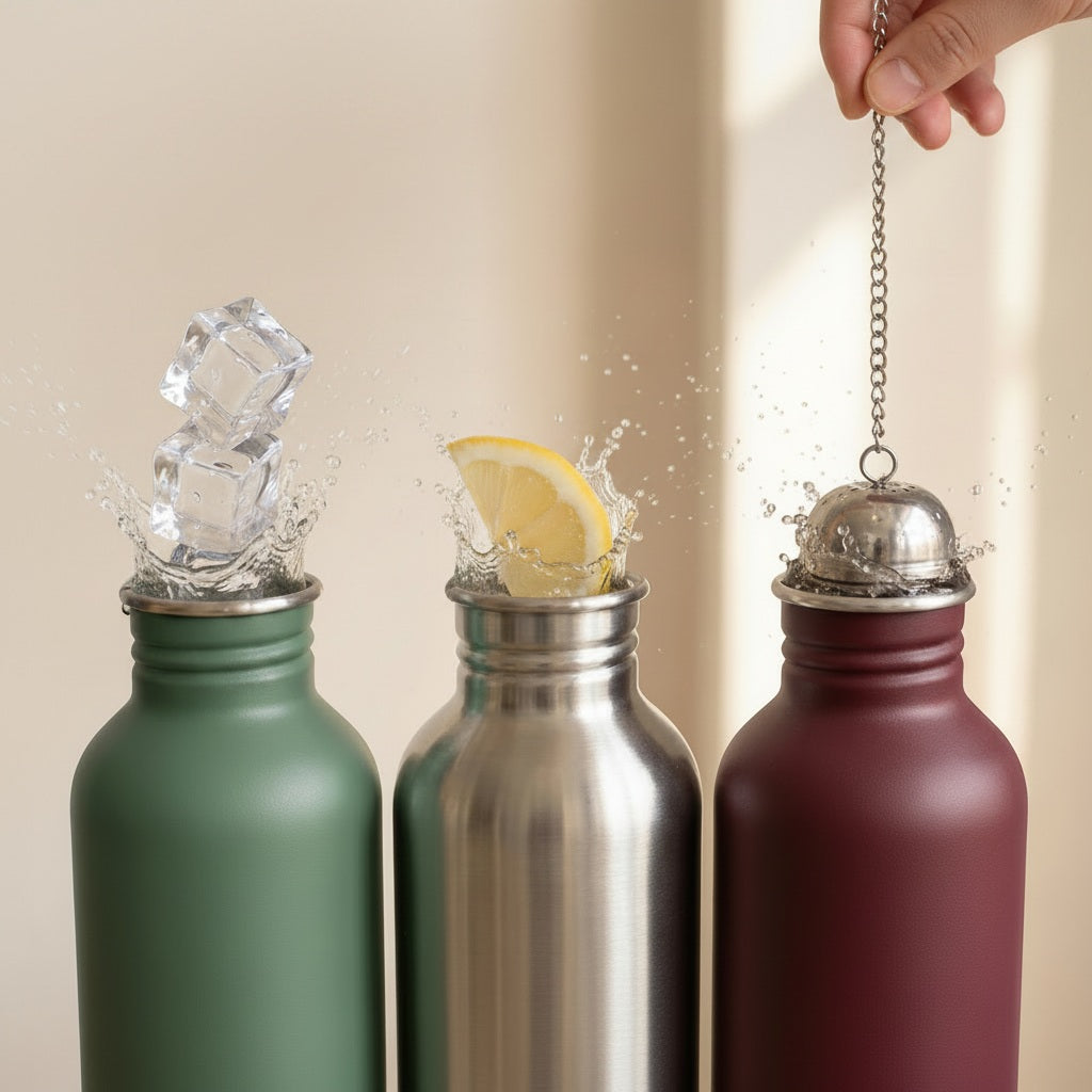 Three stainless steel water bottles in green silver and burgundy with wide mouths ice and a lemon slice at the openings and a tea infuser being added
