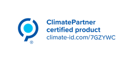 ClimatePartner certified product logo with a blue circle and text on a white background