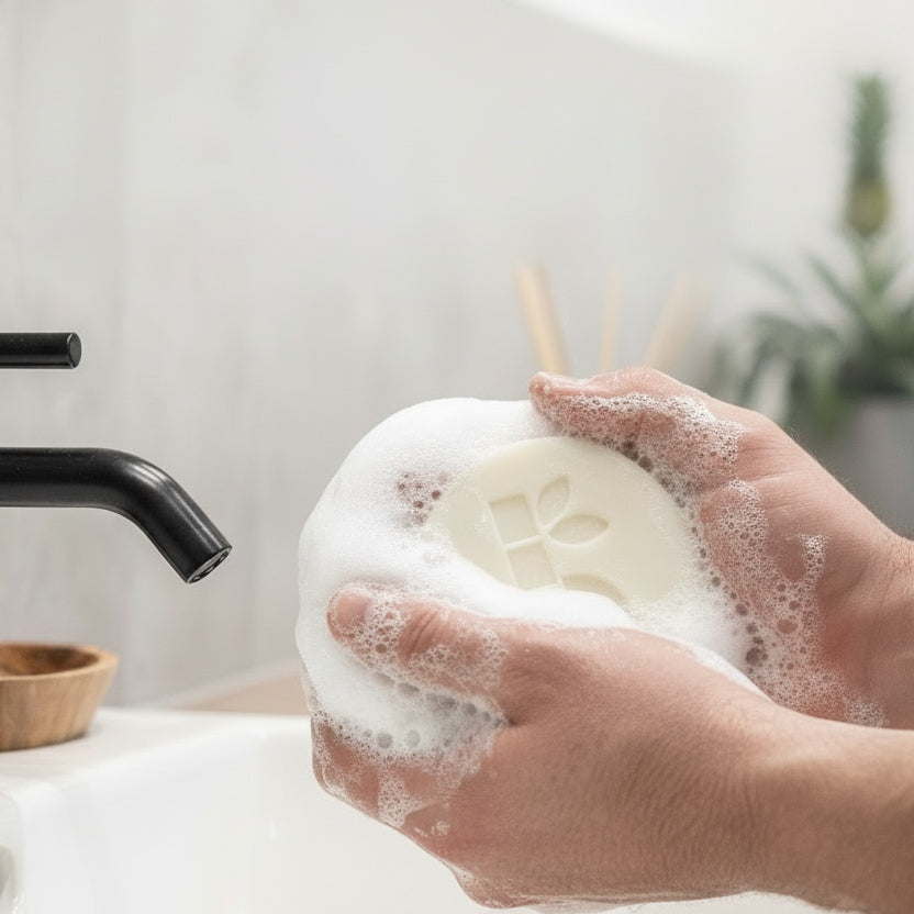 Bamboo shaving kit featuring a wooden handle razor and round soap in a clean display.