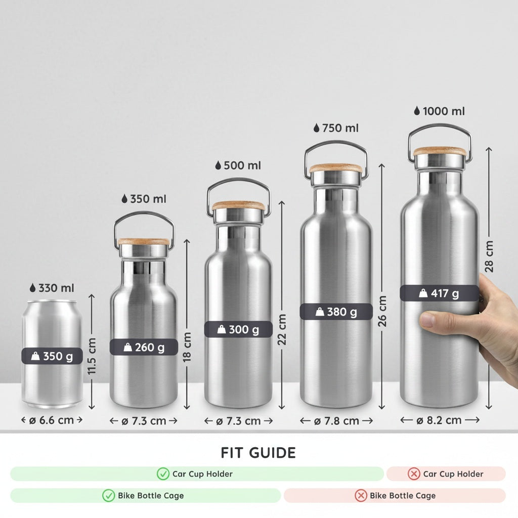 Infographic showing different sizes of insulated water bottles with measurements and weight icons.