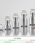 Infographic showing different sizes of insulated water bottles with measurements and weight icons.