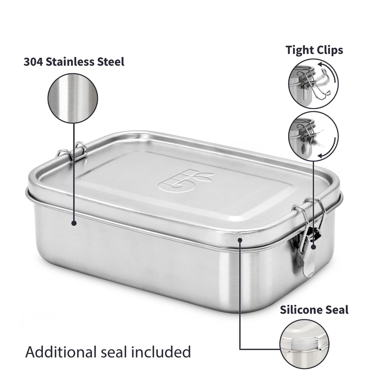 A bambaw stainless steel lunch box with a lid, shown on a white background with callout labels pointing to 304 stainless steel, tight clips, silicone seal, and an additional seal included.