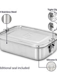 A bambaw stainless steel lunch box with a lid, shown on a white background with callout labels pointing to 304 stainless steel, tight clips, silicone seal, and an additional seal included.
