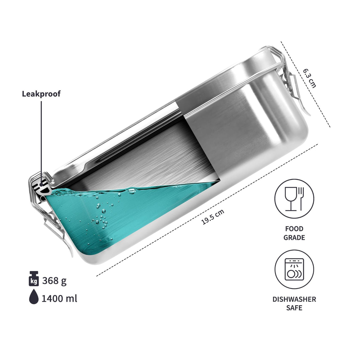 bambaw stainless steel food storage container with a leakproof lid, shown on a white background with dimension lines, weight, capacity, and feature icons.