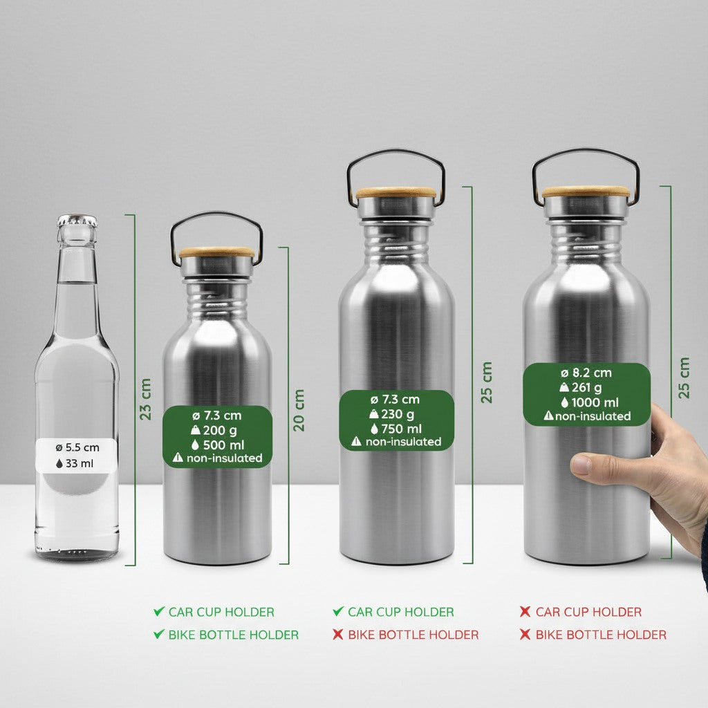 Set of three metal bottles and one glass with dimensions and holder compatibility labels on a gray background
