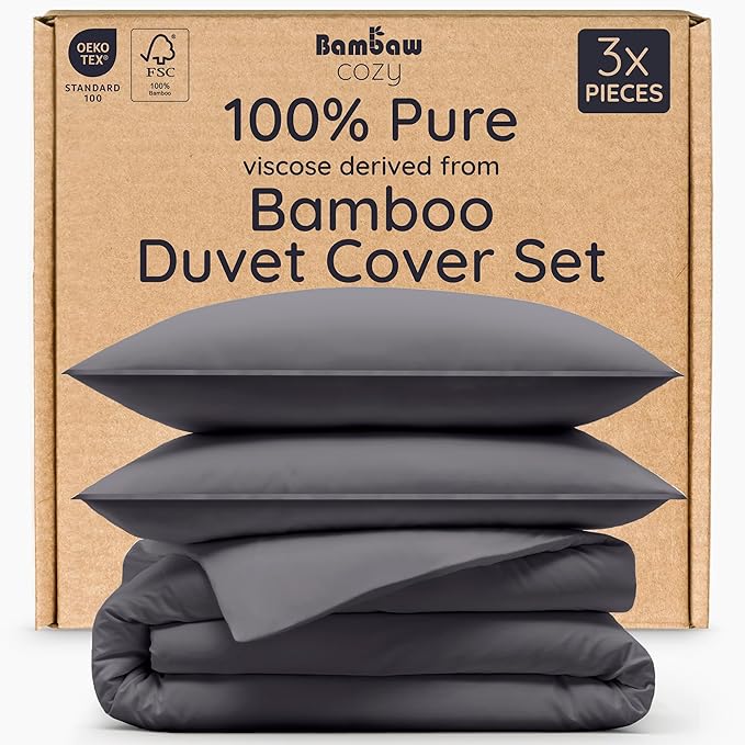 Bamboo duvet cover set packaging with 'Bambaw Cozy' branding on a cardboard box.