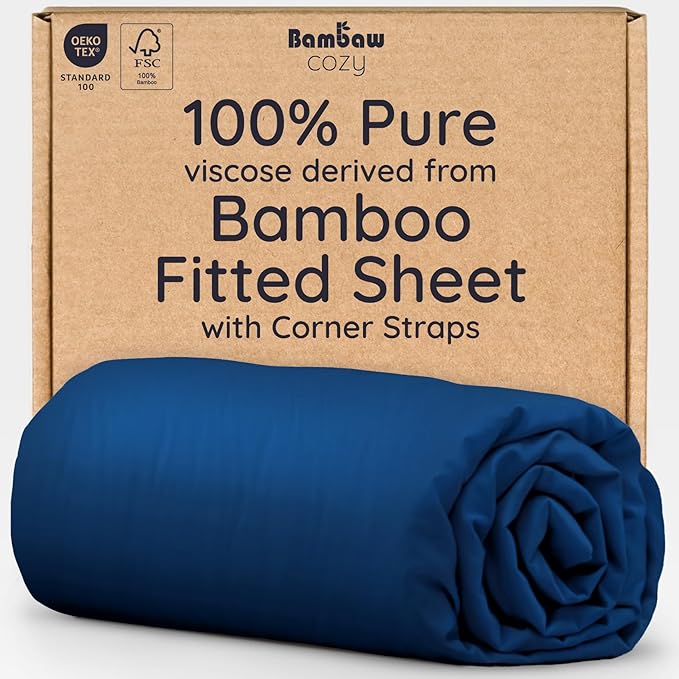 Bamboo fitted sheet packaging with a blue sheet on a white background