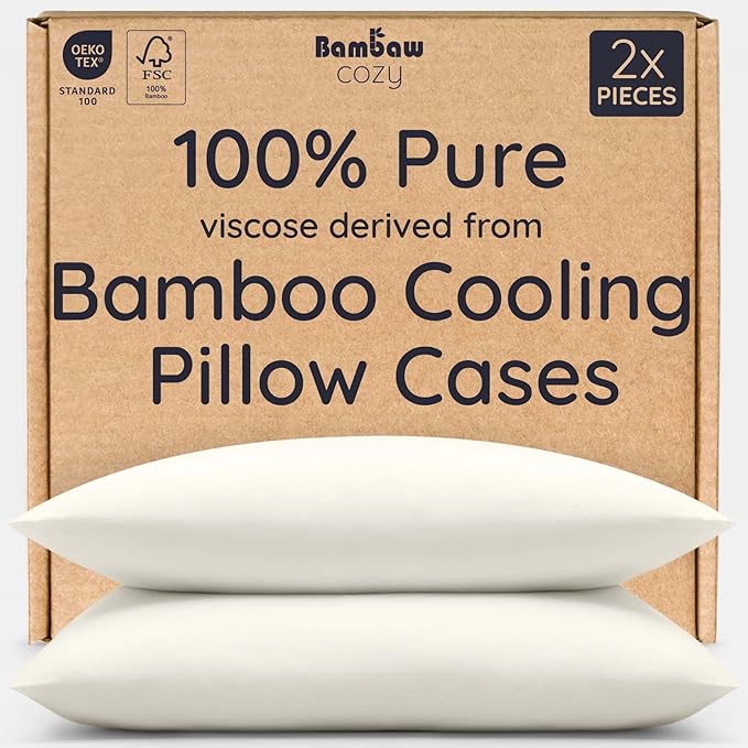 Box of Bambaw Cozy bamboo cooling pillow cases with two pillows on a white background