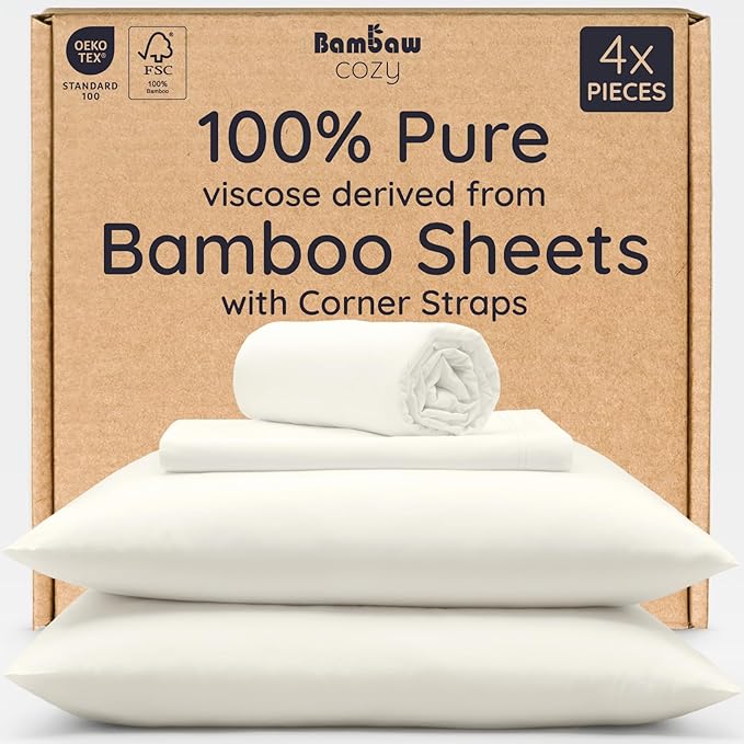Box of Bambaw cozy bamboo sheets with corner straps on a white background