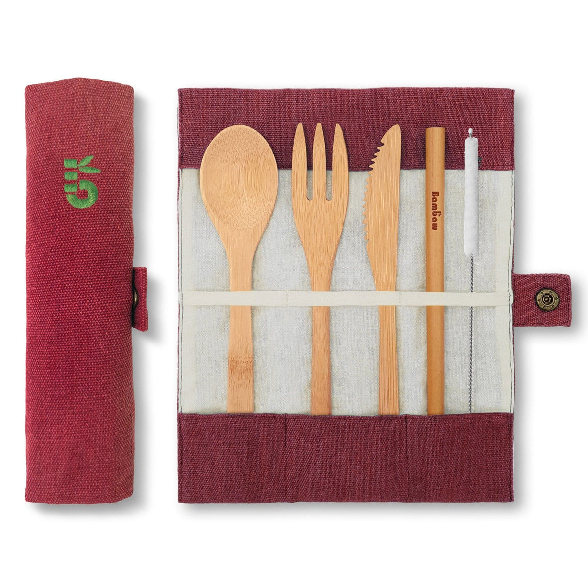 Open burgundy bamboo cutlery roll showing spoon fork knife and serrated blade arranged in slots