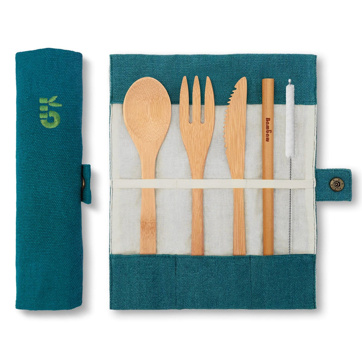 Teal bamboo cutlery set in a fabric roll with spoon fork knife and serrated blade visible