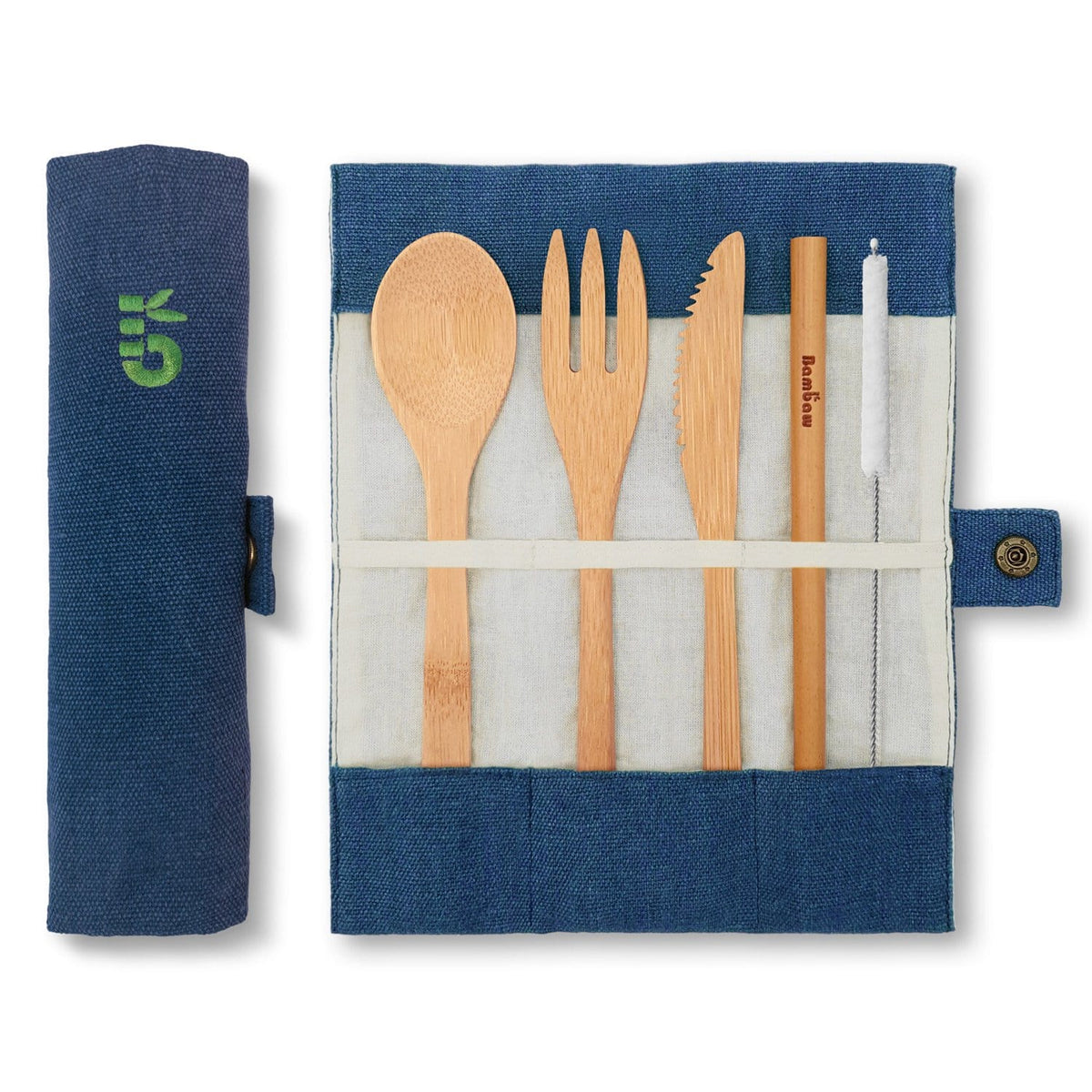 Open bamboo cutlery set arranged in a blue denim roll with five wooden utensils and a serrated blade.