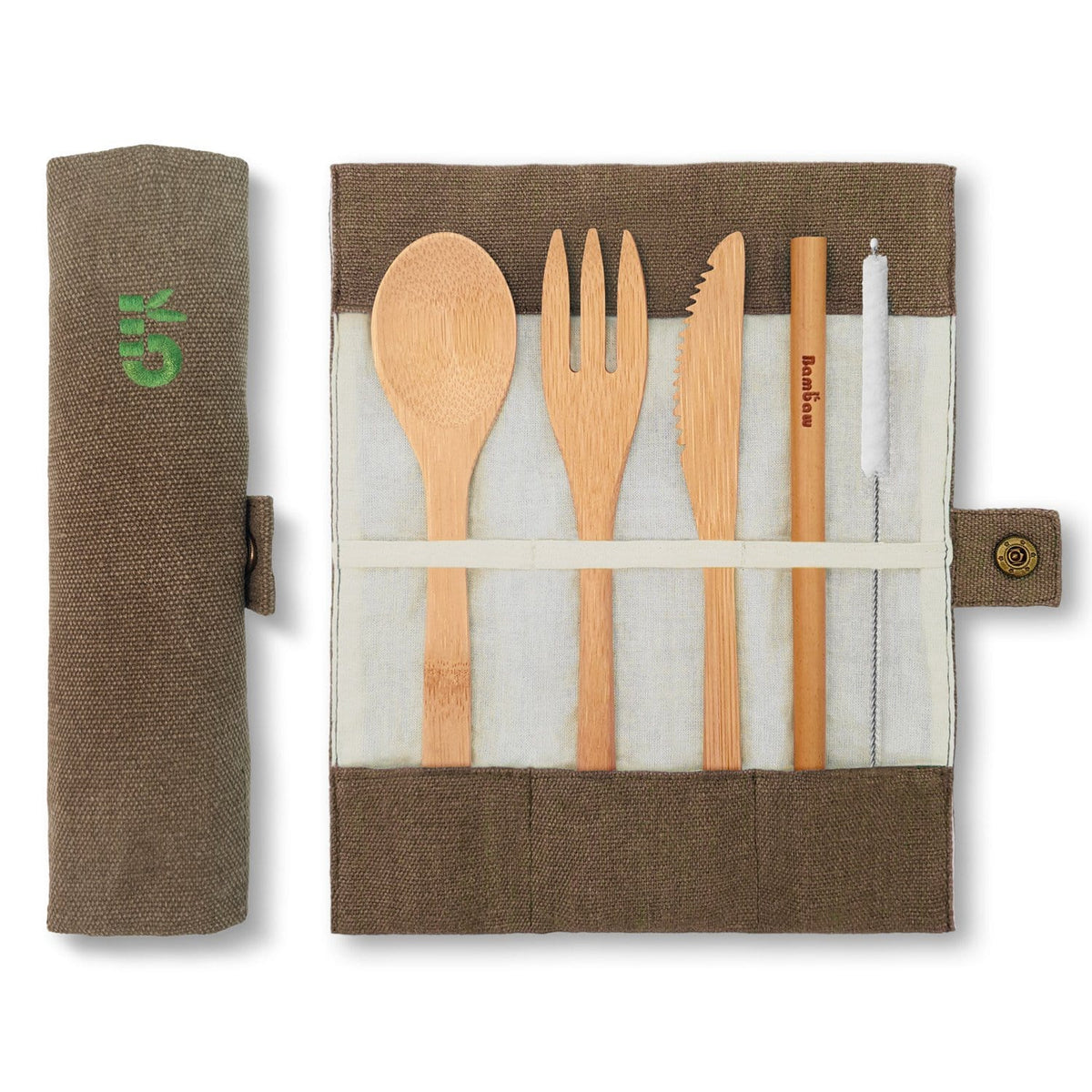 Open bamboo cutlery set in a brown fabric roll with spoon fork serrated knife and straw