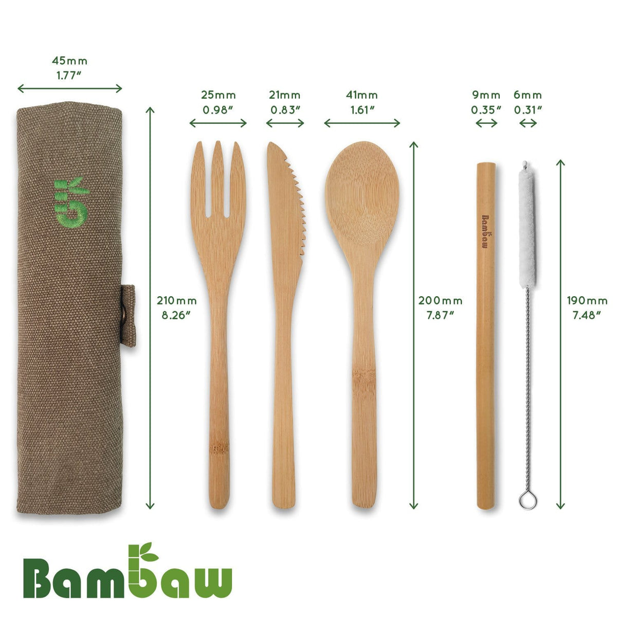 Product diagram of bamboo cutlery set with dimensions showing spoon fork serrated knife smooth knife straw and cleaning brush