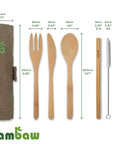 Product diagram of bamboo cutlery set with dimensions showing spoon fork serrated knife smooth knife straw and cleaning brush