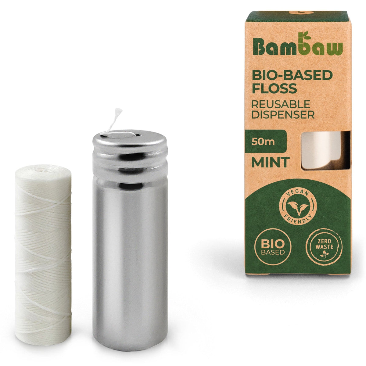 Bambaw bio based floss packaging box with a metal floss dispenser beside a white floss spool