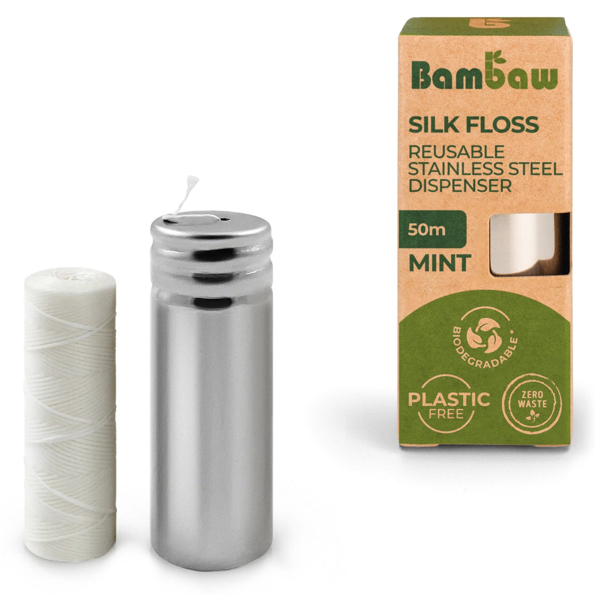 Bambaw Silk Floss packaging box with a reusable stainless steel dispenser visible beside it