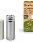 Bambaw Silk Floss packaging box with a reusable stainless steel dispenser visible beside it