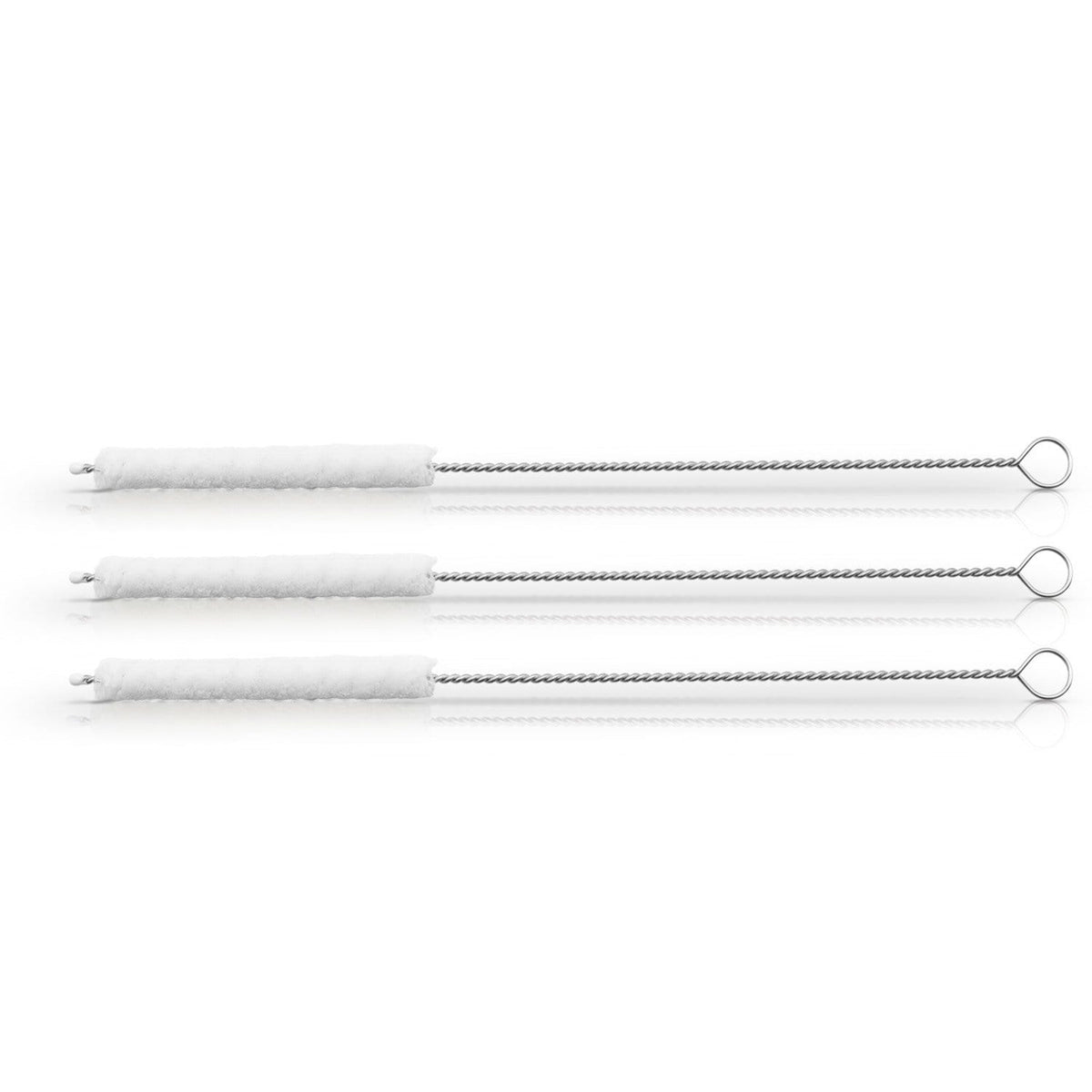 Three cotton straw cleaning brushes with twisted metal stems and looped ends laid in a row
