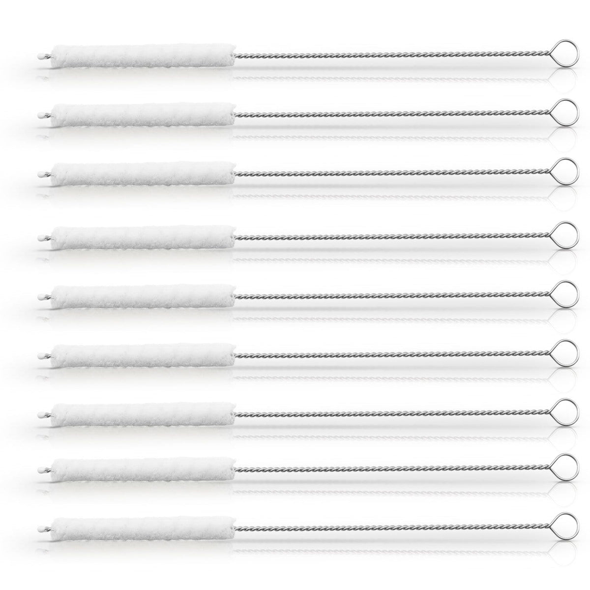 White cotton cleaning brush heads on twisted metal handles with loop ends arranged in a row.