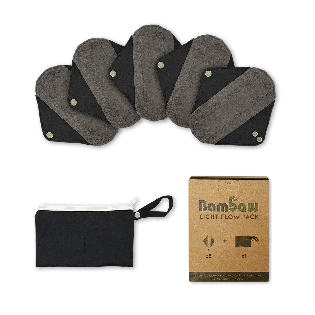 Five gray and black reusable pads spread in a row with a storage pouch and Bambaw box nearby