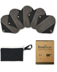 Five gray and black reusable pads spread in a row with a storage pouch and Bambaw box nearby