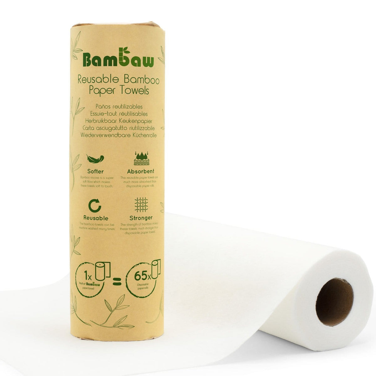 Bambaw Reusable Bamboo Paper Towels packaging stands upright beside a white paper towel roll on a white backdrop.