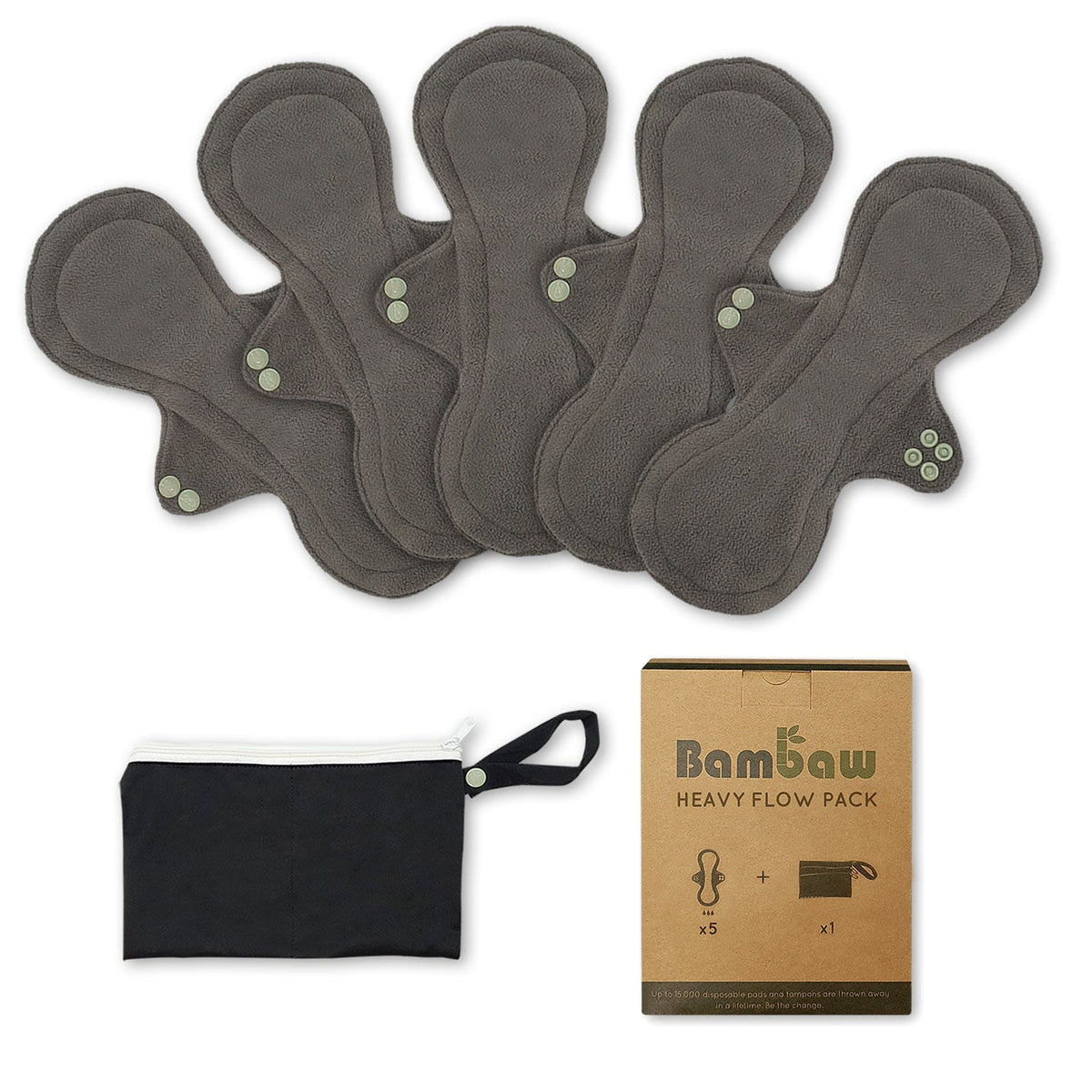 Five dark gray reusable pads arranged together with a storage pouch and Bambaw heavy flow pack box