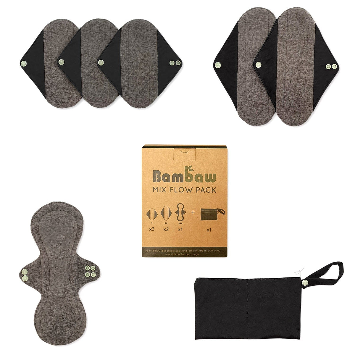 Set of reusable cloth sanitary pads with wings in a mix pack, shown with a black storage pouch and packaging box.