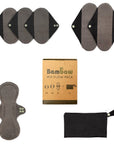 Set of reusable cloth sanitary pads with wings in a mix pack, shown with a black storage pouch and packaging box.