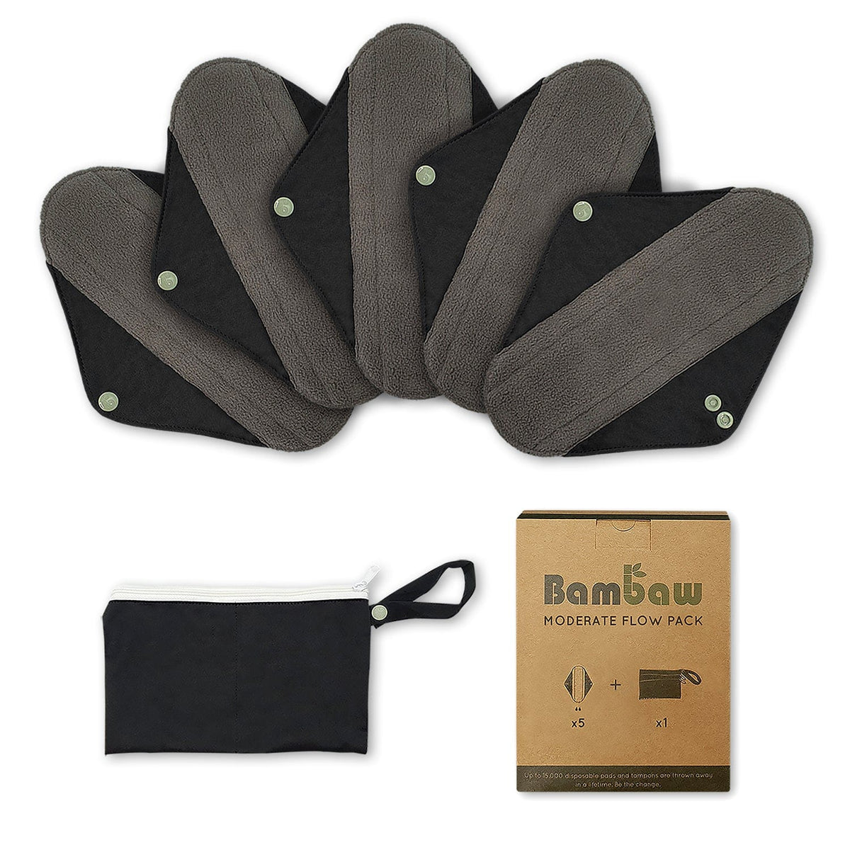 Five grey and black reusable sanitary pads arranged in a fan with a box nearby