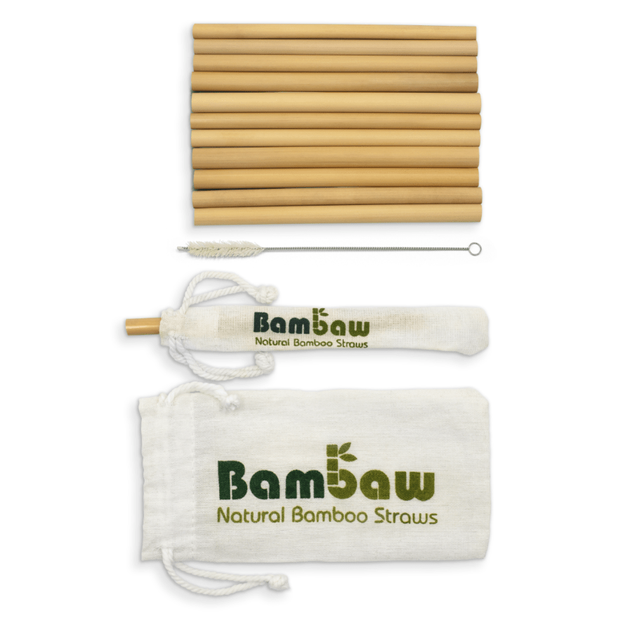 Set of bamboo drinking straws with a cleaning brush and a white cotton pouch printed with Bamboo logo.