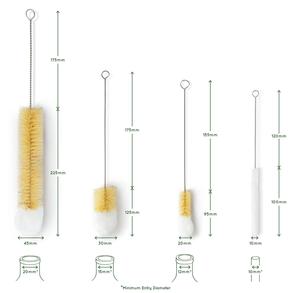 Bottle brush size chart showing five lengths and minimum entry diameters.