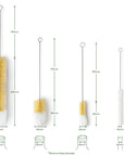 Bottle brush size chart showing five lengths and minimum entry diameters.
