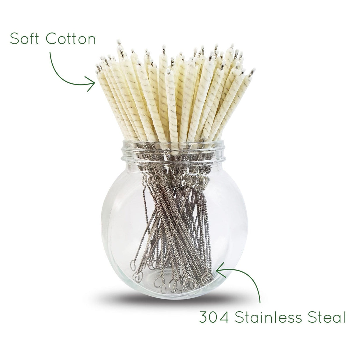 Cotton swabs with stainless steel stems arranged in a glass jar