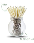Cotton swabs with stainless steel stems arranged in a glass jar