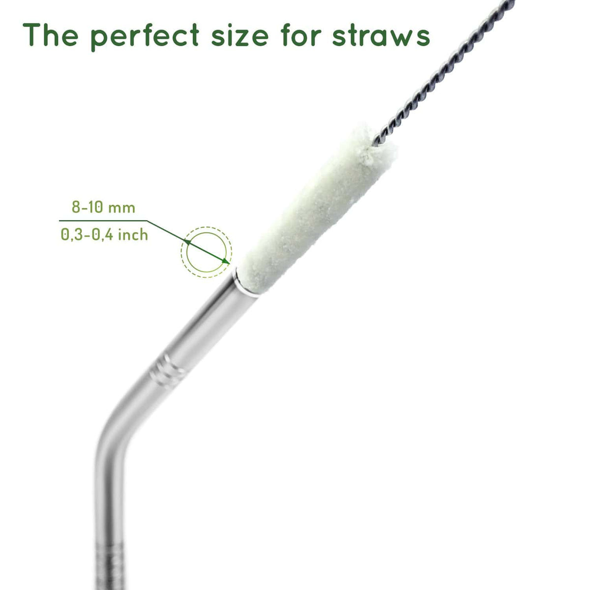 Cotton straw brush with curved stainless steel handle and white cylindrical bristles for cleaning straws