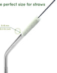 Cotton straw brush with curved stainless steel handle and white cylindrical bristles for cleaning straws