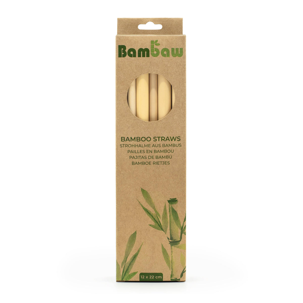 Cardboard box packaging labeled Bamboo Straws with a circular window revealing pale bamboo drinking straws inside.