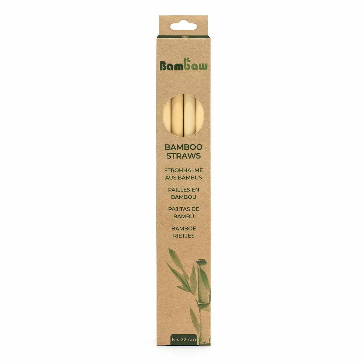 Tall brown cardboard box of Bamboo Straws with a circular window revealing the bamboo sticks inside