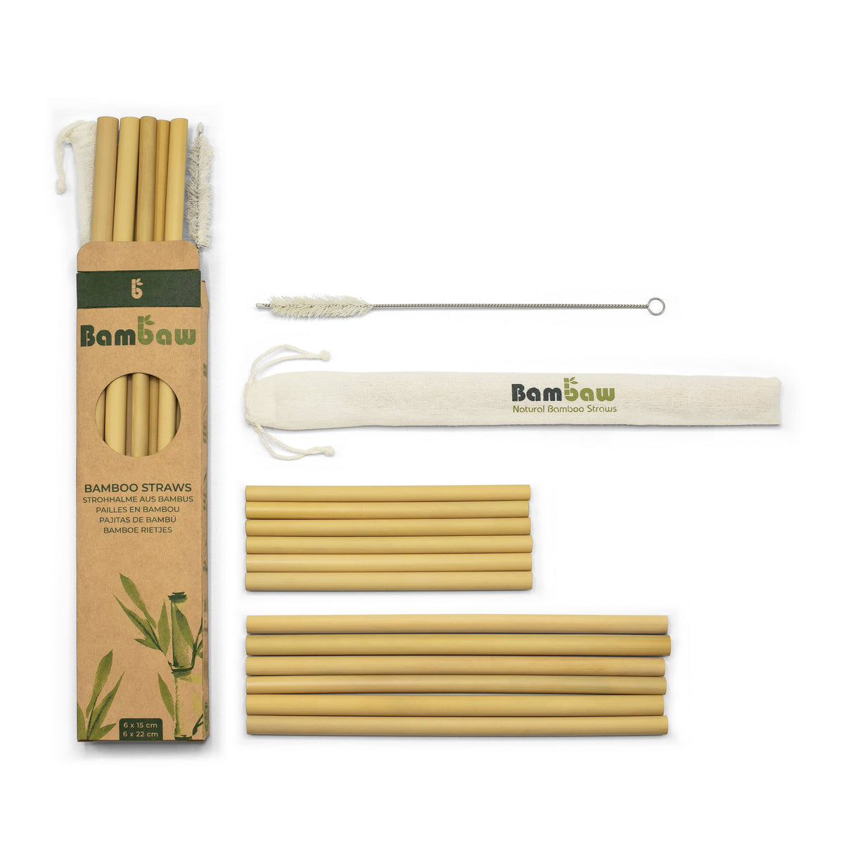 Assorted bamboo straws along with a cloth bag and protective sleeve displaying Bamboo branding.