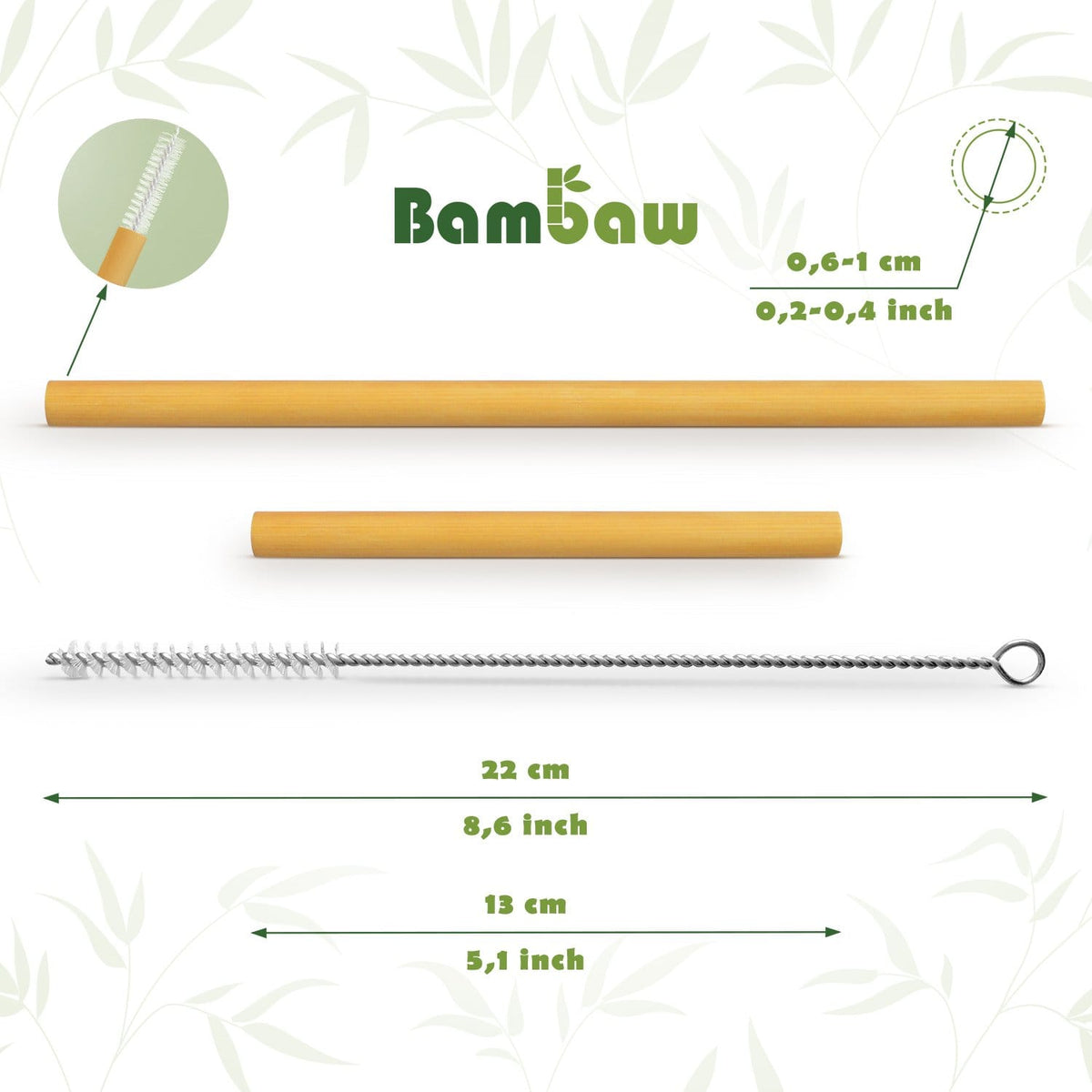Single bamboo straw with a measurement diagram on a leafy patterned background