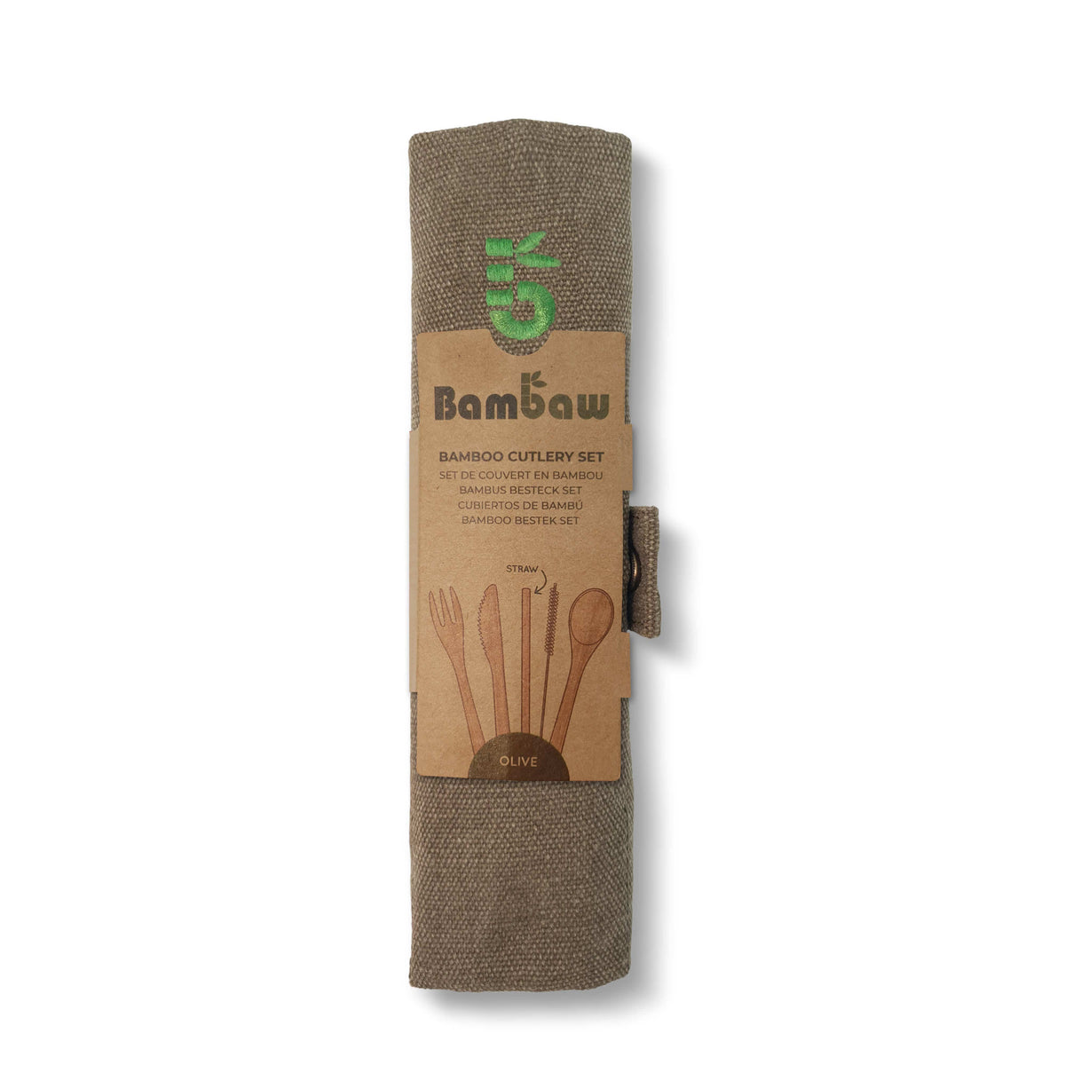 Rolled brown bamboo cutlery pouch with a green leaf logo on the front