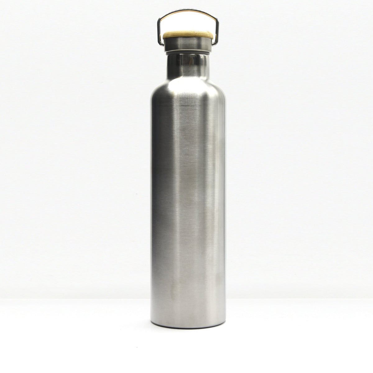 Brushed stainless steel insulated bottle with wooden cap and curved metal carrying handle